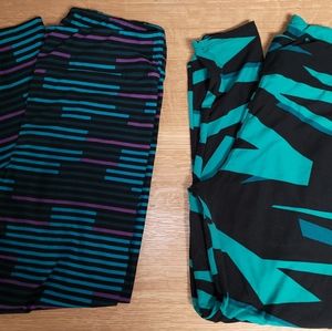 Two Worn 1X TC Lularoe Leggings Black Green Teal